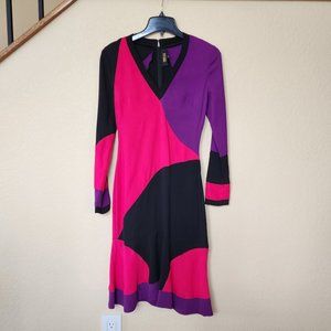 NK32 Naeem Khan Long-Sleeve Colorblock V-Neck Cocktail Party Dress Size 2 Pink